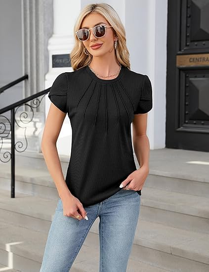 Image of Zilcon Woman Short Sleeve Shirt Round Neck Summer Casual Blouses Tops Woman Fashion,Tops for Women,Tops for Women