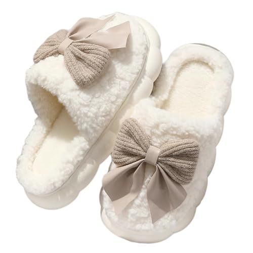 Women's Luxurious Plush Slippers with Ribbon Bows, Fuzzy Warm Slip-Ons for Home Indoor