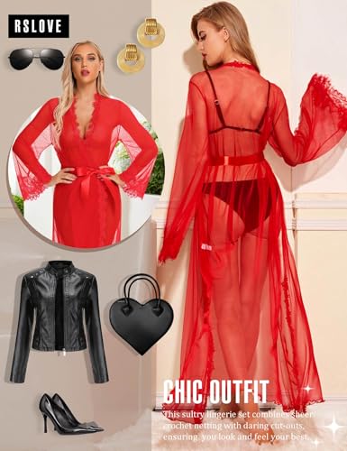 Image of RSLOVE Lingerie for Women Sexy Long Lace Kimono Robe Mesh Chemise Lace Gown Swimsuit Cover Up