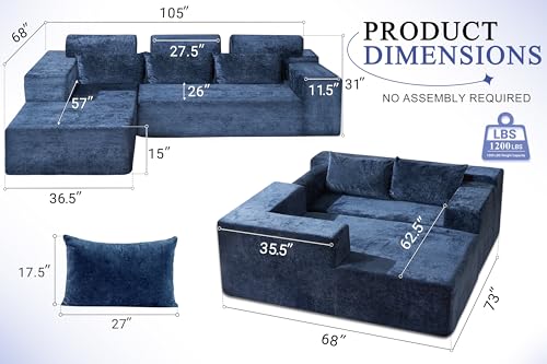 Image of HABUTWAY 105 inch L-Shape Modular Sectional Sofa Couch for Living Room,No Assembly Required,Modular Comfy Sofa with Deep Seat for Living Room Bedroom,Luxury Distressed Velvet(Left,Blue)