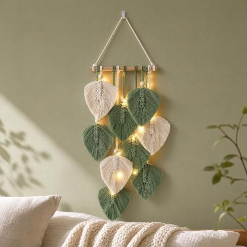 Makrama, dekoracja ścienna 25 x 55 cm, 9 arkuszy LED, łańcuch świetlny w