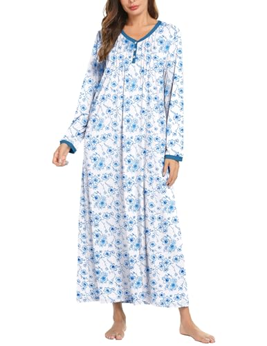 Ekouaer Women's Long Sleeve Nightgown Full Length Sleepwear Long Sleepshirts Henley Sleep Dress S-4XL