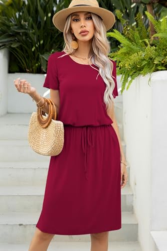 Image of levaca Womens Summer Casual Dress Belly Drawstring Beach Coverup Short Sleeve 2025 Outfit Midi Sundress with Pockets