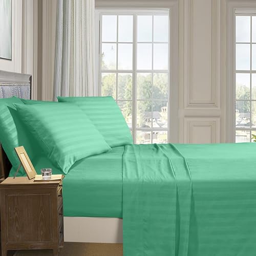 Image of Elegant Comfort Softest and Coziest 6-Piece Sheet Set - 1500 Premium Hotel Quality Microfiber - Deep Pocket, Wrinkle Resistant 6-Piece Damask Stripe Bed Sheet Set, California King, Paradise Teal