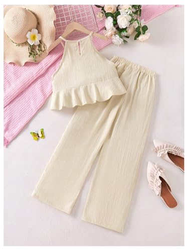 Image of SweatyRocks Girl's 2 Piece Outfits Ruffle Halter Sleeveless Top and Elastic High Waisted Pants Set