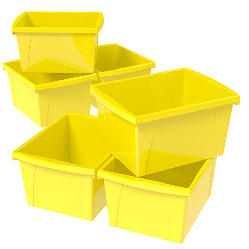 Image of Storex 4 Gallon Storage Bin - Plastic Classroom Organizer for Books and Supplies, 13.625 x 11.25 x 7.87 Inches, Yellow, Case of 6 (61453C06C)