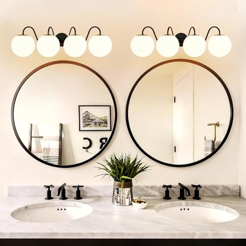 Image of Vintage Matte Black Bathroom Vanity Light Fixtures Over Mirror 4 Lights