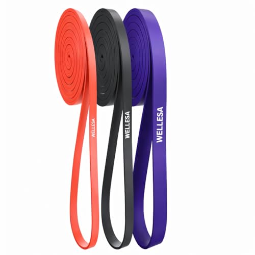 Image of Wellesa Resistance Bands, Pull Up Assist Exercise Band, Perfect for Mobility, Body Stretching, Home Workout, Fitness Training Loop Bands for Men & Women (Red, Black & Purple (Pack of 3))