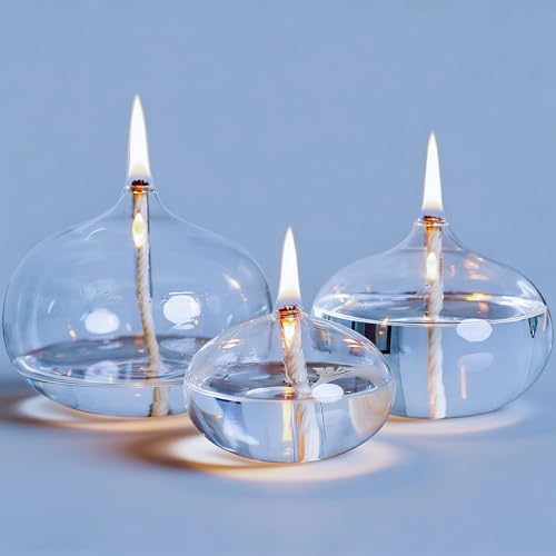 SYOENK Oil Candles for Indoor Use -Set of 3 Refillable Liquid Petite Oil lamp Sturdy Borosillicate Glass Oil Lamps Hand-Blown Indoor Emergency Lighting