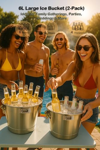 6L Large Ice Bucket 2PCS with Opener for Party, Mimosa Bar Supply Thickened Stainless-Steel Beverage Tubs for Champagne Beers Sparkling Wine Cocktails, Metal Drink Cooler/Holder Double Handles - Image 3