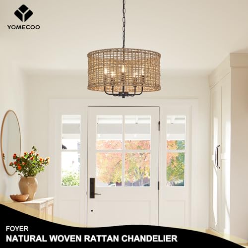 YOMECOO Hand-Woven Rattan Chandelier Vintage Farmhouse Boho Bamboo Chandeliers Light Fixture Rustic Retro 5-Lights Drum Wicker Rattan Black Chandelier for Dining Room, Kitchen, Living Room, E12 by YOMECOO - Used condition - Image 7