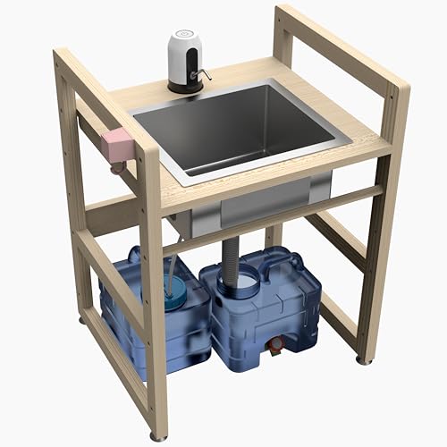 Image of Bathroom Sink for Kids, Adjustable Height Small Sink with Solid Wood Stand, Stainless Steel Basin, Portable, No Plumbing Required. Montessori Selfcare Station (Pine, 18.5''D x 21.8''W x 28''H)