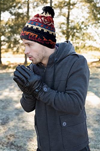Tinkuy Peru Geometric Pom Pom Beanie, Authentic Peruvian Alpaca Woolen Bobble Hats For Men And Women, Black #TOP2