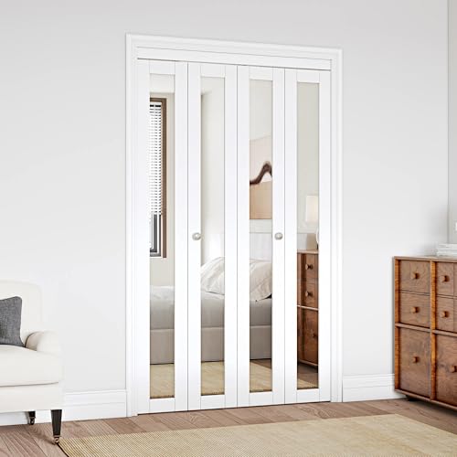 Mirrored Door Solid Manufactured Wood Bi-Fold Door with Installation Hardware Kit(Closet,Pantry), 60