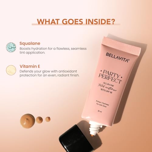 Image of BELLAVITA Party Perfect All-in-one Tinted Moisturizer with SPF 30 | Hydrating Skin Tint, Face Primer & Sunscreen | Lightweight Formula with Adaptive Tint for Natural, Dewy Glow | 30ml (Medium Shade)