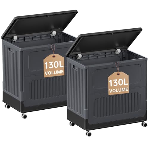 Image of HAIXIN HOME 130L Rolling Laundry Hamper with Lid, Large Plastic Laundry Basket for College Dorm, Foldable Dirty Clothes Hamper Organizer for Industry, Bedroom, Living Room, Bathroom - Black 2 Pack