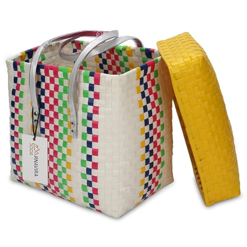 Image of Arnavira Handmade Multipurpose Basket with Lid 4L Used for Organiser, Makeup Items Storage,Kids Tiffin (18x12x19 cm) (Yellow White, X Small)