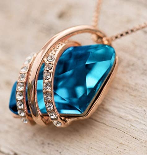 Leafael Wish Stone Pendant Necklace With Blue Zircon Birthstone Crystal For December, 18K Rose Gold Plated, 18" + 2" Chain #TOP6