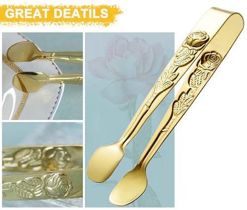 HINMAY 6PCS Mini Serving Tongs 5-Inch Small Rose Sugar Cube Appetizer Tongs, Tiny Metal Tong for Tea Party, Coffee Bar, Desserts (Gold)