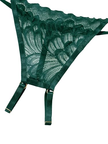 Image of Lilosy Women's Sexy Underwire Floral Lace Sheer Bachelorette Lingerie Set See Through Bra and Panty 2 Piece Chain Army Green Medium