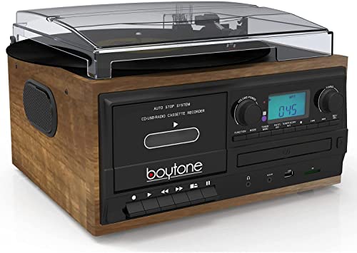 Boytone Bt-32W, Bluetooth Record Player Turntable, Am/Fm Radio, Cassette, Cd Player, 2 Built In Speaker, Ability To Convert Vinyl, Radio, Cassette, Cd To Mp3 Without A Computer, Sd Slot, Usb, Aux #TOP2