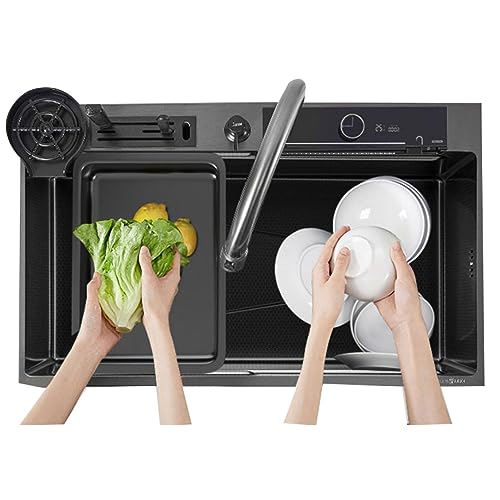 Undercounter Dishwasher Kitchen Washbasin with Nano Honeycomb Embossed Waterfall Sink (Black 75 * 46CM)