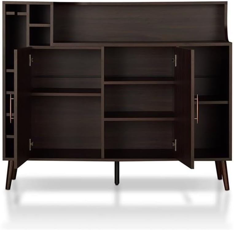 Bowery Hill Modern Wood Buffet Table, Wenge Finish, Multi-Storage Design with Wine Rack, Stemware Rack, Double Door Cabinets, Open Shelves, Angled Tapered Legs, 47.24"W x 15.6"D x 38.58"H for Dining