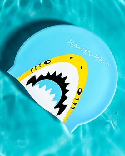 Swimming Cap Kids 6-14 - Swim Hat for Kids 6-14 Years Silicone & Waterproof, Light blue shark, One size fits ages 6-14 - Image 3