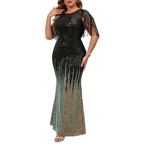 Image of Cololura Sexy Sequin Tassel Mesh Perspective Party Cocktail Bodycon Evening Club Maxi Dress