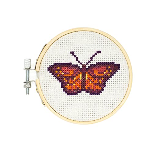Image of Kikkerland DIY Mini Cross Stitch Butterfly Embroidery Craft Starter Kit Set, with Pattern Instructions, 3 inch Bamboo Hoop, Stress Relief, Adult Beginner Friendly