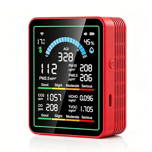 Air Quality Monitor Indoor, 10 in 1 Portable Smartair Quality Tester for CO2, TVOC, PM2.5 PM1.0 PM10, HCHO Detection Hum for Home Cars Plants, Pets, Car, Hotel(Red-10/1)
