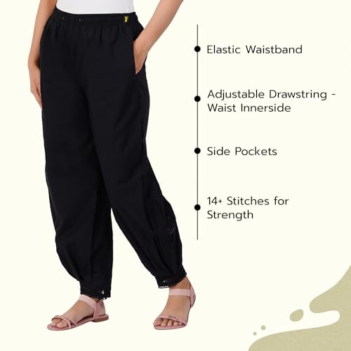 Image of Happy Bunny Women's Cotton Afghani Salwar with Lace Embroidery Detailing - Elastic Waist, Comfortable Loose Fit Bottoms for Casual, Ethnic
