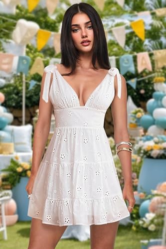 Image of Summer Dress for Women 2026 Floral Eyelet Mini Dress Sleeveless V Neck Tie Shouder Flowy A Line Cute Short Sundress
