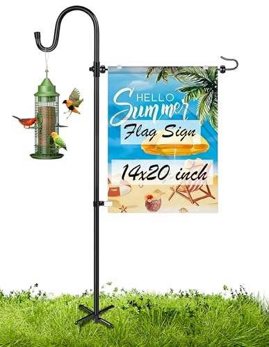 Garden Flag Holder Stand with Shepherd Hook for 14 x 20 Flags Upgraded Flagole with 2 Spring Stoppers and 1 Clip Yard Garden Flag Holder for Flags Weather-Proof (Without Solar Lights & Flag)