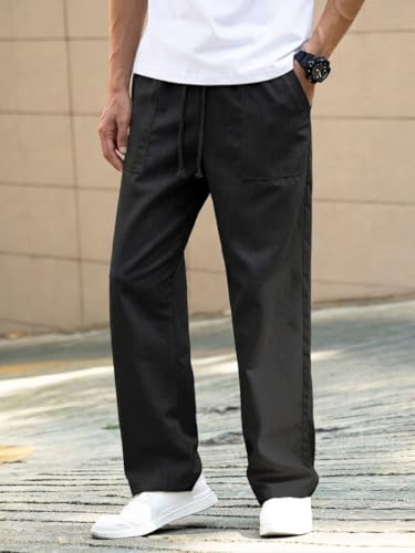 Image of Linen Pant for man | Loose Fit Trouser for Men | Elastic Waist with Drawstring | Perfect for Casual Wear | Lightweight Breathable Fabric | Straight Fit & Side Pocket