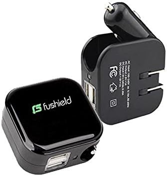 Fushield 2 in 1 Car Travel Home Wall Charger Dual USB Ports Car/Vehicle/DC and Wall/AC Power Adapter(Foldable Plug) for iPhone,iPad,Tablet, Samsung etc.(Black)