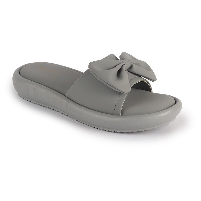 Image of FAUSTO Women Open Toe Bow Design Slip On Sliders | Extra Comfort Cushioned Insole Slippers | Classic Flat Sandals for All Day Long