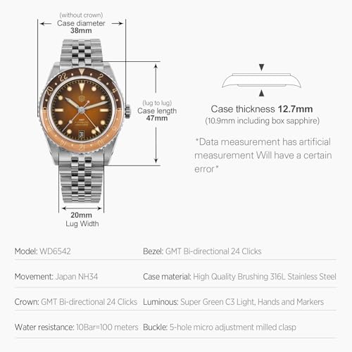 Image of watchdives GMT Watches for Men, WD6542 Men Watch NH34 Automatic Wristwatch 38mm Bubble Domed Sapphire Crystal Watches 100M Waterproof Watch