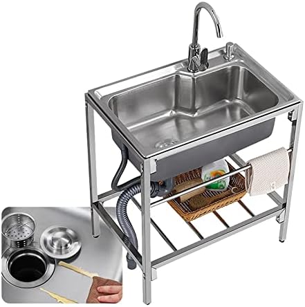 Freestanding Utility Sink,Outdoor Sink Set,Stainless Steel Utility Sink Kitchen Sink Free Standing, Outdoor Single Bowl Compartment Workbench Sink Commercial Sink With Faucet, Storage Space,