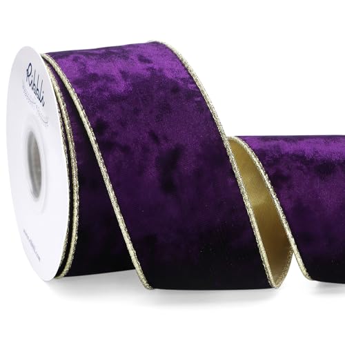 Image of Ribbli Purple Velvet Wired Ribbon 2.5 Inch Metallic Purple Gold Crushed Velvet Christmas Ribbon for Gift Wrapping Christmas Tree Decoration Crafts Wreaths Supplies-Continuous 10 Yards