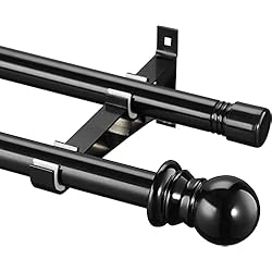 Barras de Cortina Doble, 76-113CM Barra de Cortina Extensible 2,54 cm, con Terminales Redondos con Soportes, Barra de Cortina de Acero Inoxidable Decorativa Ajustable para Sala de Estar/Negro