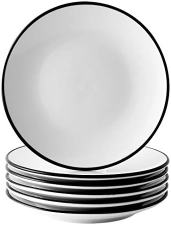 YOLIFE 8 inch Porcelain Dinner Plates, 6 Pieces White Side Plates with Black Edge, Appetizer Plates Shallow Dish, Set of 6