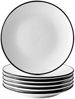 YOLIFE 8 inch Porcelain Dinner Plates, 6 Pieces White Side Plates with Black Edge, Appetizer Plates Shallow Dish, Set of 6
