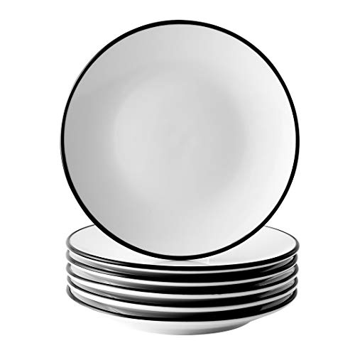 YOLIFE Platos de porcelana de 8 pulgadas, 6 placas laterales blancas con borde negro, platos de aperitivo, plato poco profundo, juego de 6 Cover