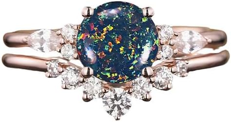 10K 14K 18K Gold Vine Leaf Black/White/Blue Opal Wedding Ring Sets for Women Twig Opal Promise Anniversary Statement Ring Sets Size 3-16