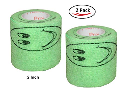 Vet Wrap Wrap Tape (Green with Smiles Pattern) (2 Pack) (3 Inch x 15 feet) Self Adhesive Adherent Adhering Cohesive Flex Self Stick Bandage Grip Roll Dog Cat Pet Horse
