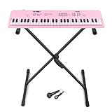 MAX KD54P pink portable electronic music keyboard set with folding stand, 54 full-size keys, built-in rechargeable battery for up to 8 hours, duo speaker system, and wired microphone