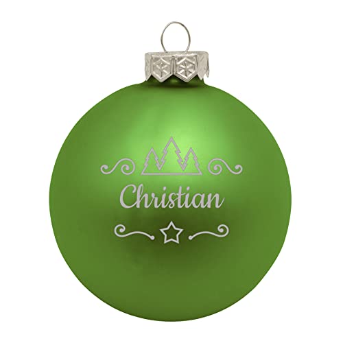 Deitert Weihnachtskugel mit Namen oder Wunschtext graviert, Ø 8cm, personalisierte Christbaumkugel aus Glas (matt), individueller Weihnachtsbaumschmuck mit Gravur, Tannen-Motiv, Hellgrün