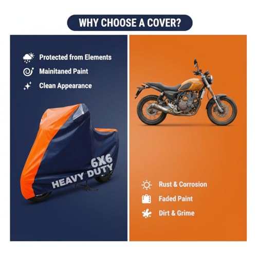 Image of 6X6 Heavy Duty Bike Cover for Splendor Plus, Dual Tone Orange & Blue, All-Weather Protection, Waterproof, UV Resistant, Dustproof, Durable Outdoor Motorcycle Body Covers for Daily Use