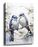 MOSTUNNA Bird Canvas Wall Art Blue Gray Couple Birds on Branch Picture Modern Romantic Painting Prints Home Decor for Bedroom Bathroom Living Room Office(Artwork-2,12.00"x18.00")